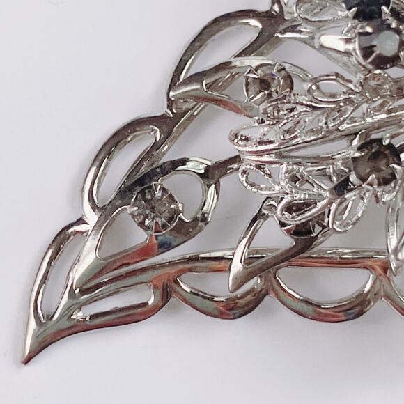 VTG 1950s Brooch Filigree Floral Smoky Rhinestone Silver Tone Mid Century Pin - Picture 6 of 10